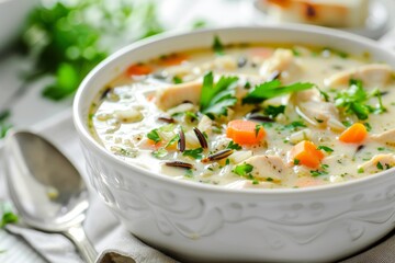 Canvas Print - Homemade creamy soup with chicken vegetables and wild rice in white bowl