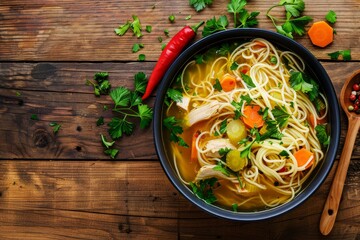 Wall Mural - Homemade healthy meal chicken noodle soup with vegetables in rustic bowl on wooden background