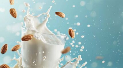 Wall Mural - Organic almond milk in a glass beaker. Almond nuts falling in almond splash, isolated on light blue background. Splash with almond nuts.