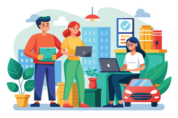 Poster - A colorful illustration depicting three people working together in an office setting. Two people are standing while one sits at a desk using a laptop.