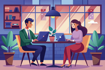 Poster - An illustration of two people sitting at a table, working on laptops in a modern office space.