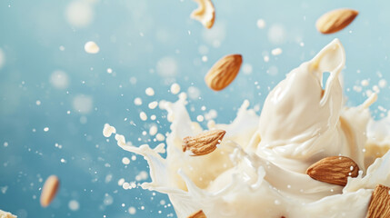 Wall Mural - Organic Almond Milk. Almond nuts falling in almond splash, isolated on light blue background. Splash with almond nuts.