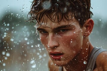 Closeup shot of male Caucasian athlete splashing water during workout at the beach.