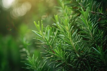 Wall Mural - Outdoor growth of fresh rosemary herb with close up of leaves