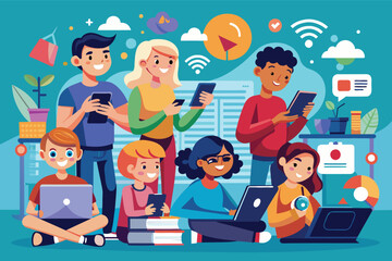 Poster - An illustration featuring a diverse group of children and adults using various technology devices, including laptops, smartphones, and tablets, in a modern setting.