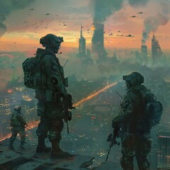 Soldiers after the war in battlefield. War theme background. Digital Art Illustration Painting. High quality AI generated image