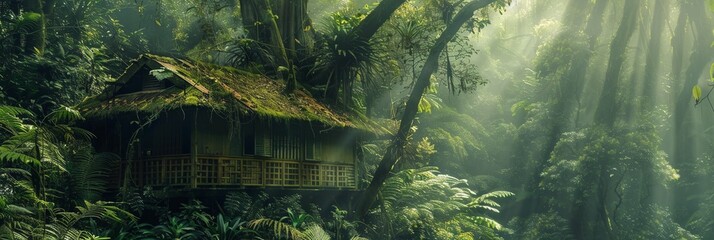 A little mysterious cabin house in deep tropical rainforest with green plants, moss, ferns.