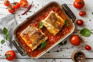 Poster - Pan seared halibut with tomato sauce on white background Top view