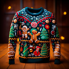 Wall Mural - An ugly Christmas sweater featuring a hodgepodge of festive symbols on a dark wooden background,the concept of a festive Christmas party and greeting cards