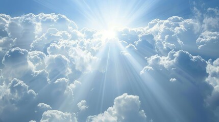 Wall Mural - Bright day with sunlight peeking through large white clouds