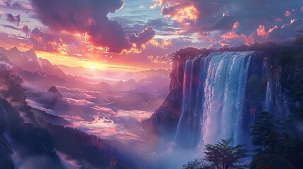 Majestic Waterfall and Mountain Landscape at Sunset 