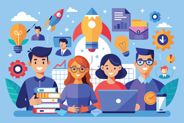 Poster - A diverse team of three people, including a woman with glasses, works together on a laptop computer. Surrounding them are colorful illustrations representing successful business ideas.