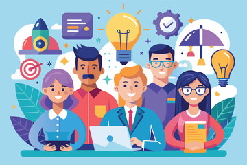 Poster - A diverse group of four professionals, including a woman with purple hair, a man with a mustache, a man with glasses, and a woman with glasses, stand together in front of a blue background.