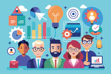 Poster - A diverse team of professionals are working together to achieve business goals. The image depicts various data visualization tools, ideas, and teamwork elements.