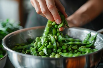 Close view of hands expertly shelling fresh green edamame beans into a stainless steel pan