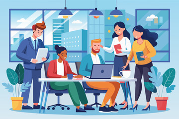 Poster - A business team of four people is meeting in a modern office with a city view.