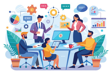 Poster - A team of four diverse business professionals is gathered around a table with laptops, working on data analysis, charts, and presentations.