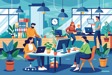 Poster - A colorful illustration depicting a modern office environment with diverse workers using laptops and computers to collaborate on projects.