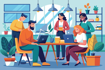 Poster - A group of colleagues work together in a vibrant office setting, demonstrating collaboration and teamwork.