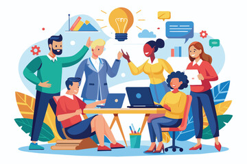 Aufkleber - A diverse team of professionals collaborate and brainstorm new ideas and solutions at their modern workplace, represented by a light bulb symbolizing innovation.