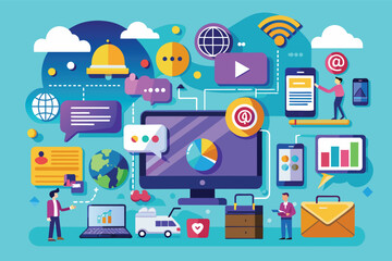 Poster - A digital illustration of a connected business network, featuring multiple people working on laptops, tablets, and smartphones.