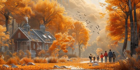 Wall Mural - People walk down a path in front of a house in the woods