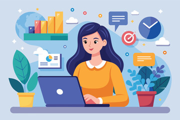 Poster - An illustration of a woman working on her laptop with business charts and graphs in the background. She is sitting at a desk with plants on either side of her.