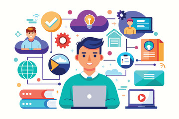 Poster - Illustration of a man using a laptop computer with various technology icons surrounding him, representing the interconnectedness of the digital world.