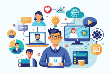 Poster - A cartoon illustration of a businessman using a tablet during an online video conference with his team.