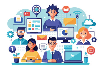 Poster - Illustration of a diverse team collaborating on a digital project, featuring multiple computer screens, data visualizations, and technology icons.
