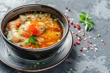 Shark s fin soup with crab roe in bowl on grey background