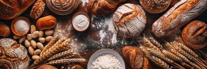 Wall Mural - Top view of fresh bakery bread background.