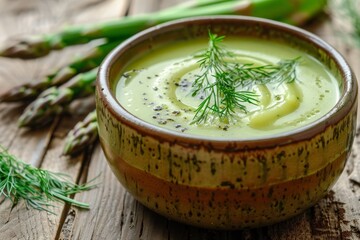 Wall Mural - Spring asparagus soup with dill in a bowl on wooden background Close up photo