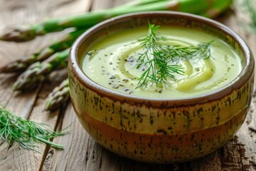 Canvas Print - Spring asparagus soup with dill in a bowl on wooden background Close up photo