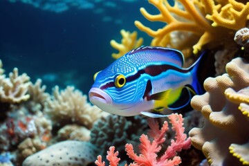 Wall Mural - Colorful tropical fish on the background of a coral reef.