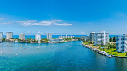 Wall Mural - panoramic drone view of Lake Boca Raton, Florida with city