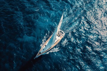 Stunning drone view of yacht sailing in rough sea