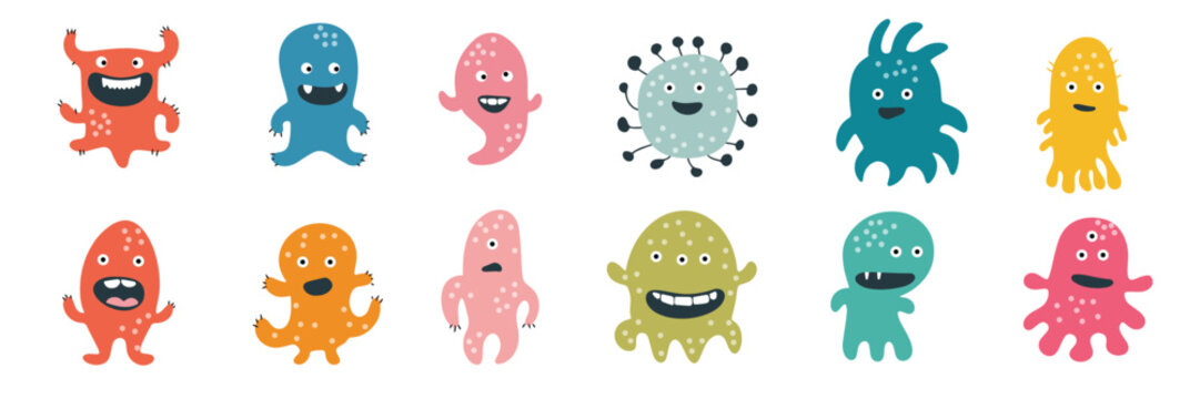 Collection of microbe characters in flat style. Hand drawn vector art.