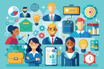 Poster - A colorful illustration depicting a diverse team of business professionals working together on a project.