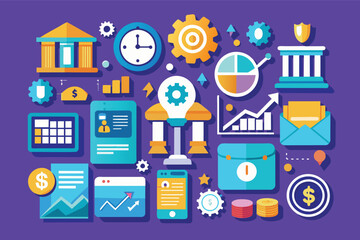 Poster - A vibrant, modern illustration featuring various flat design icons related to business and finance, including a bank building, clock, gears, graphs, charts, and money symbols.