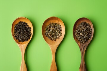 Poster - Tea leaves on wooden spoons against green backdrop