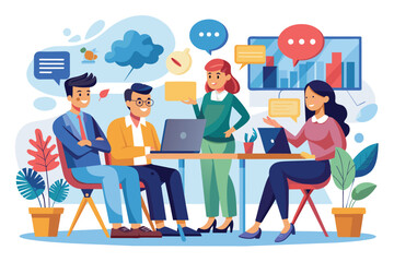 Poster - A team of four professionals is collaborating and planning using laptops and other digital tools, demonstrating effective teamwork and communication.