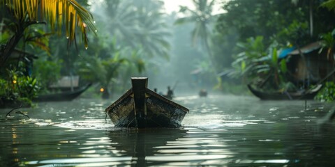 A boat peacefully floats on a river lined with lush palm trees