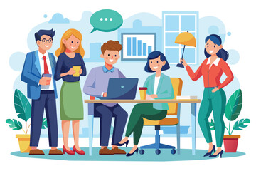 Poster - A group of four office workers collaborate around a desk, with one person using a laptop, another holding a cup of coffee, and two others standing and observing.