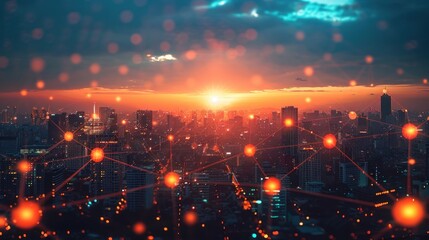 Poster - Smart city and communication wireless network 5G. Rounded abstract cityscape network connection, AI generated