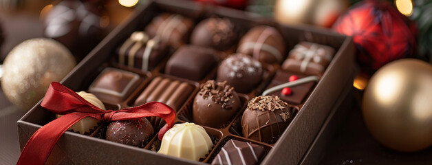 Closeup photo of open luxury chocolate box full of different flavored and shaped dark and white chocolate pieces for gift