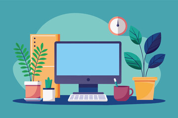 Poster - A modern desktop workstation featuring a computer, keyboard, coffee cup, and potted plants, set against a blue background.