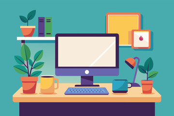 Poster - A modern home office desk with a computer, plants, and coffee cups.