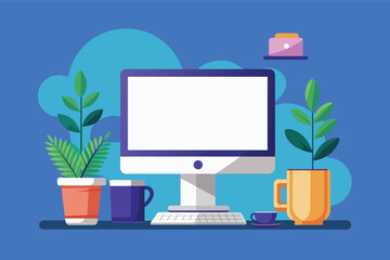 Poster - A simple and minimalist illustration of a modern office workspace with a computer, keyboard, plants, and a coffee mug.