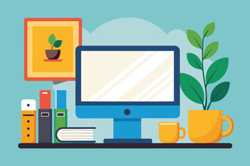 Poster - Illustration of a minimalist workspace featuring a computer monitor, books, a potted plant, and a coffee mug.